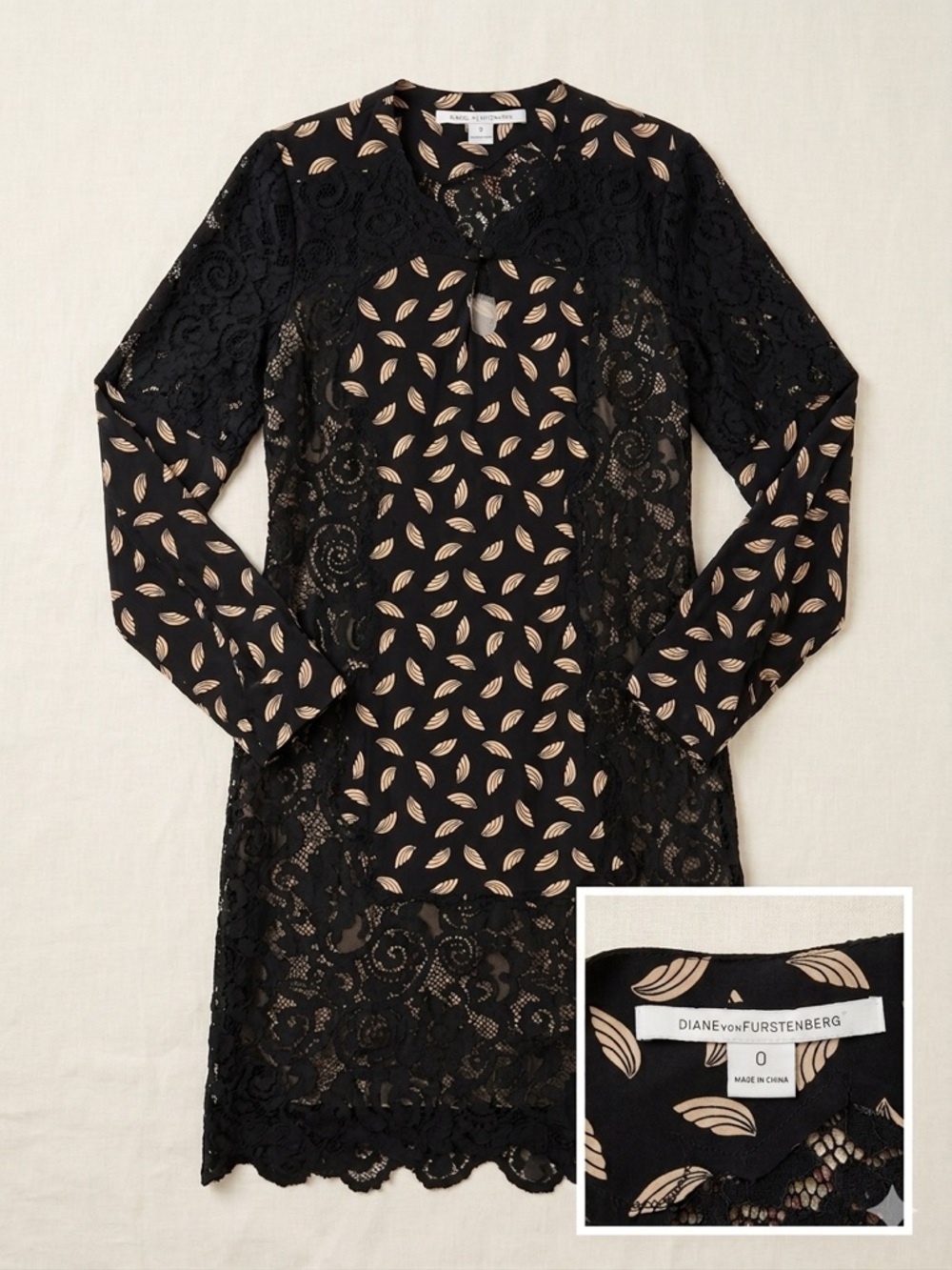 Diane Von Furstenberg Black Dress with Beige Leaf Print and Lace Overlay
